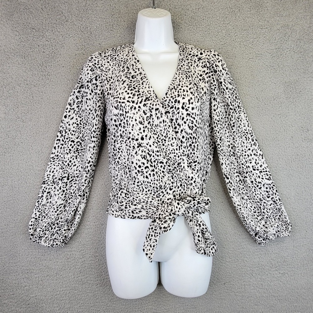 1 State Top Womens XS Black Animal Print Cropped Faux Wrap Peasant Boho Chic Top